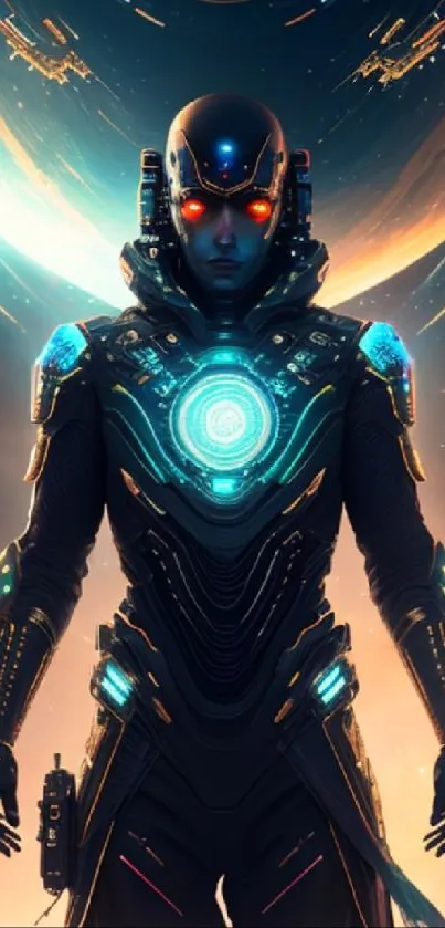 Futuristic cyborg with glowing elements in a cosmic space setting.