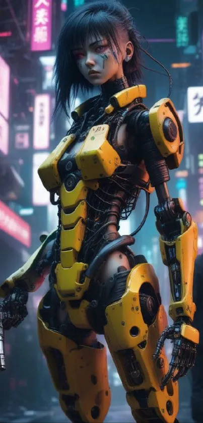 Futuristic cyborg in yellow armor on neon-lit cyberpunk street.