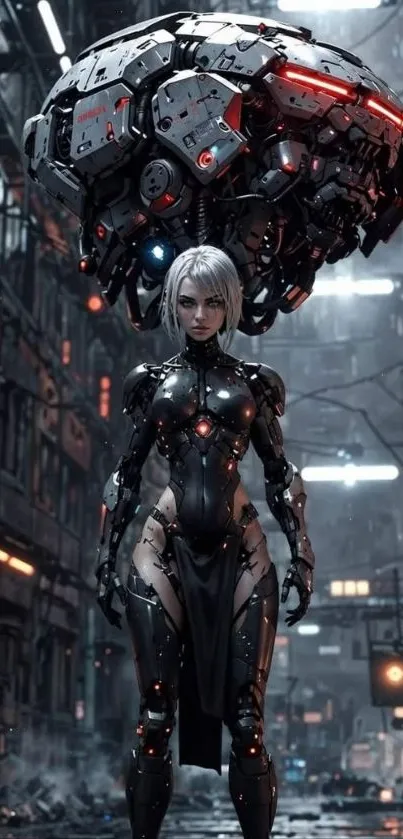 Futuristic cyborg in neon-lit street wallpaper.