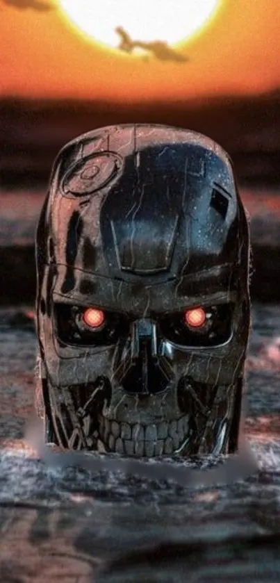 Cyborg head rising from water at sunset, futuristic and dramatic scenery.