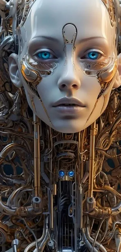 Futuristic cyborg face with metallic and blue elements.