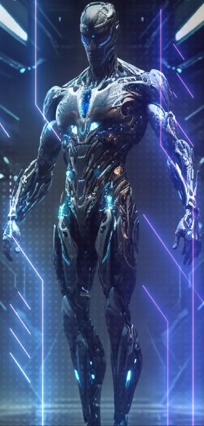 Futuristic cyborg in dark setting, glowing blue.