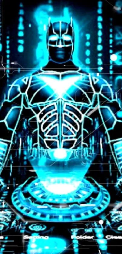 Futuristic cyborg with neon blue accents in a digital realm wallpaper.