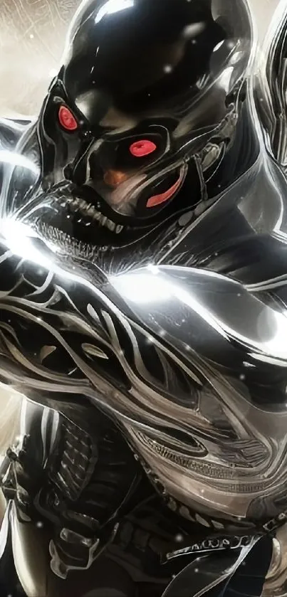 Futuristic cyborg with metallic armor and glowing red eyes in a dynamic pose.