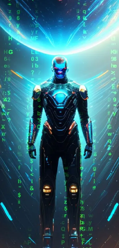 Futuristic cyborg standing against a cosmic light backdrop.