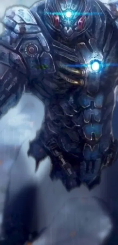 Dark futuristic cyborg with glowing chest set in a tech-inspired background.