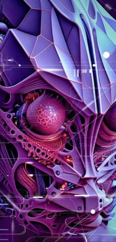 Intricate futuristic cyborg design wallpaper in glowing purple hues.