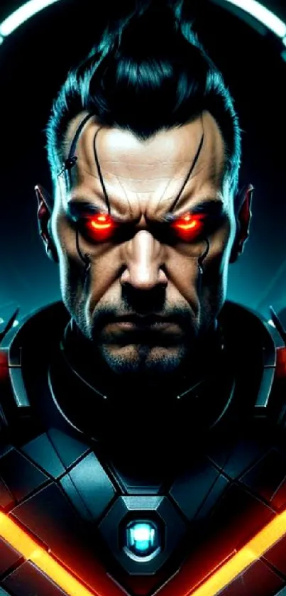 Futuristic cyborg with glowing red eyes and a high-tech suit set against a dark backdrop.