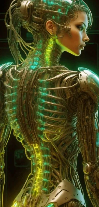 Futuristic cyborg with glowing spine.