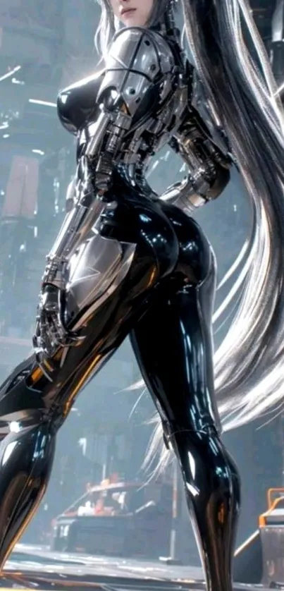 Futuristic cyborg in silver armor with long hair.