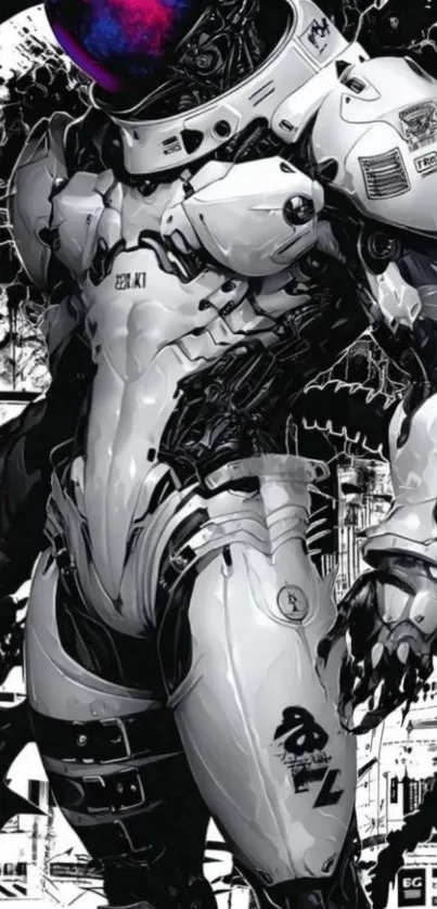 Futuristic cyborg in monochrome shades with intricate details.