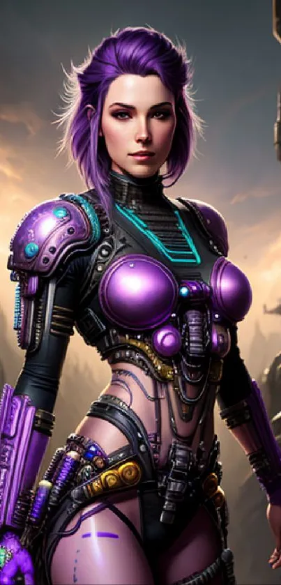 Futuristic cyborg warrior in purple armor with a sci-fi city backdrop.