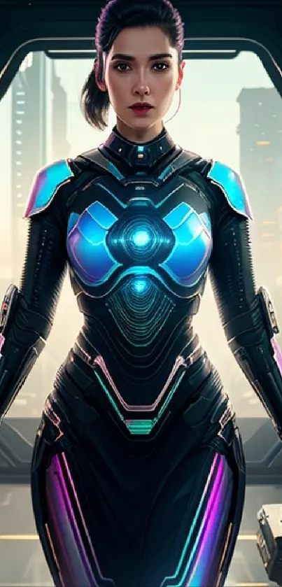 Futuristic cyborg warrior with neon accents in a sci-fi setting.