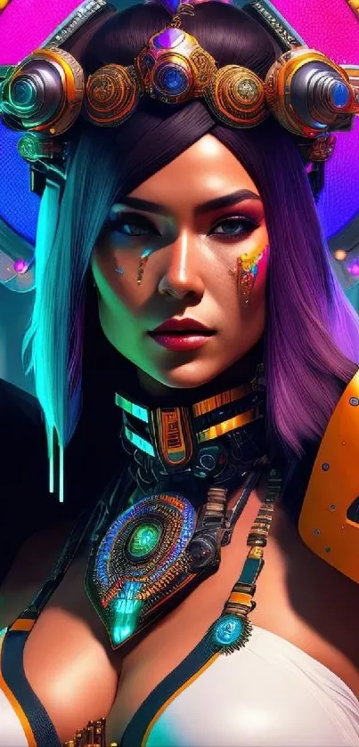 Futuristic cyborg warrior with neon accents in a vibrant sci-fi setting.