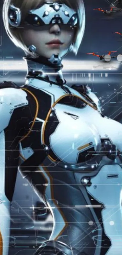 Futuristic cyborg warrior with sleek armor and robotic elements.