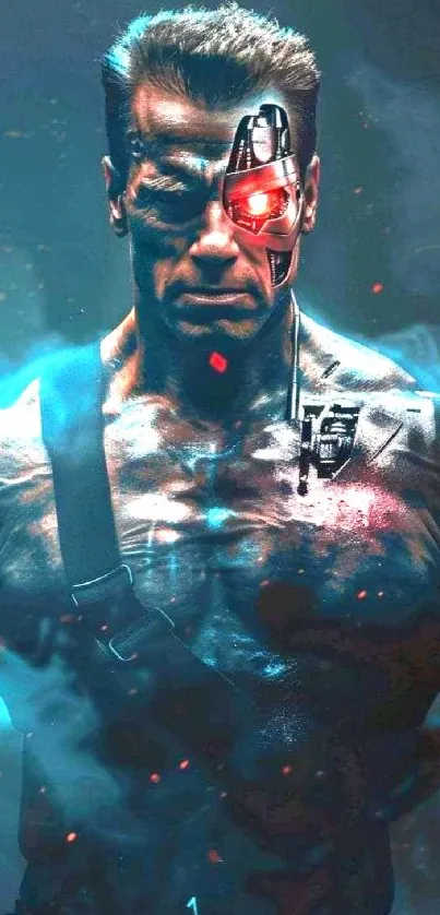 Futuristic cyborg warrior with glowing eye.