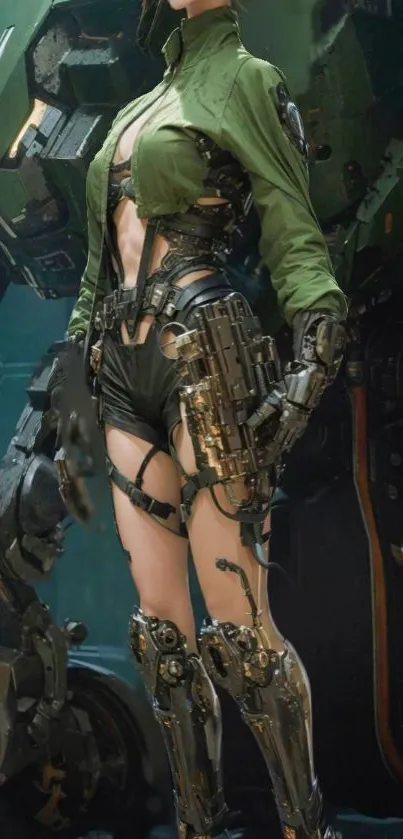 Cyborg warrior with a futuristic green design standing in front of machinery.