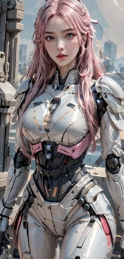 Cyborg warrior with pink hair in a futuristic city.