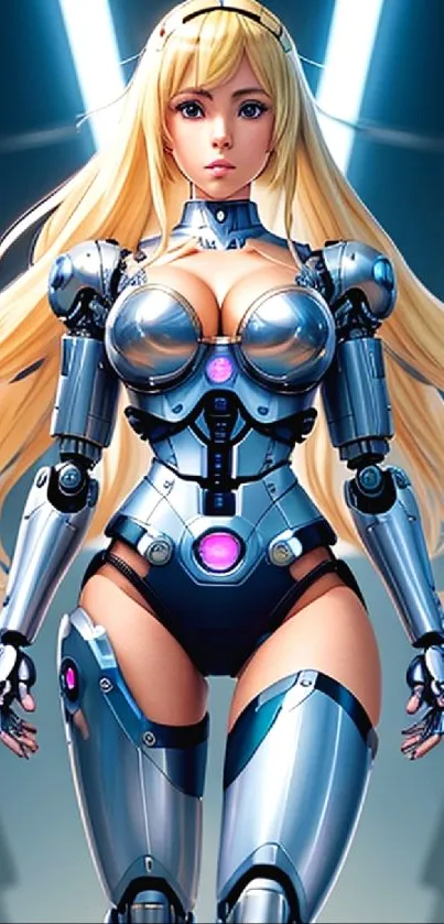 Futuristic cyborg anime warrior with long hair and robotic armor.