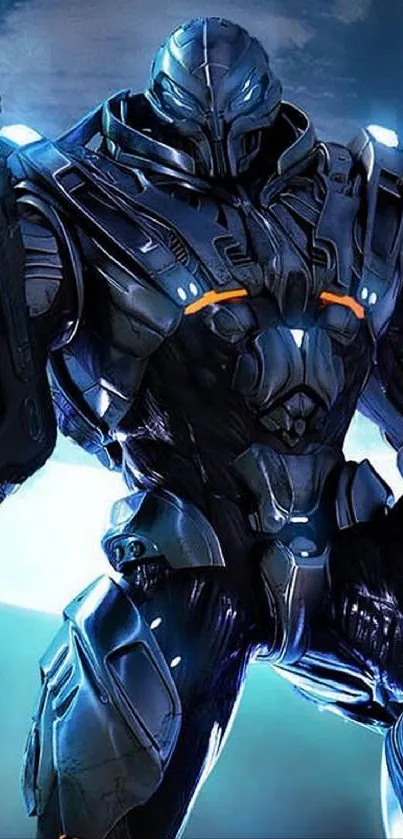 Futuristic cyborg warrior with sleek armor in a sci-fi setting.