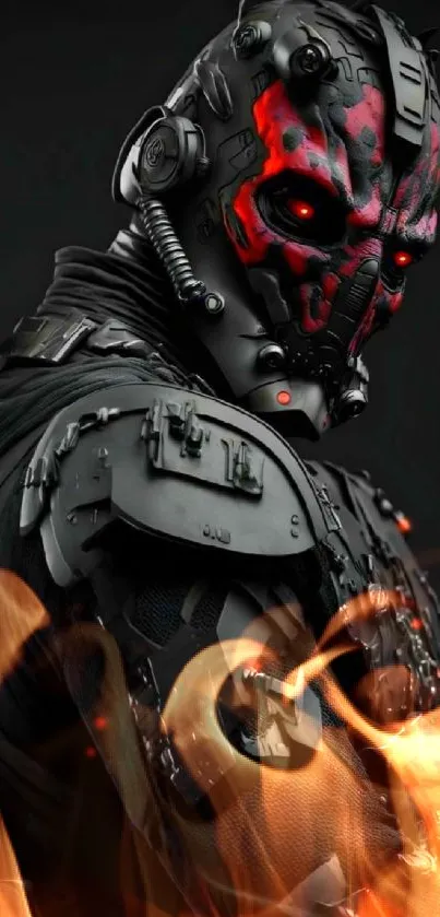 Futuristic cyborg warrior with red eyes.