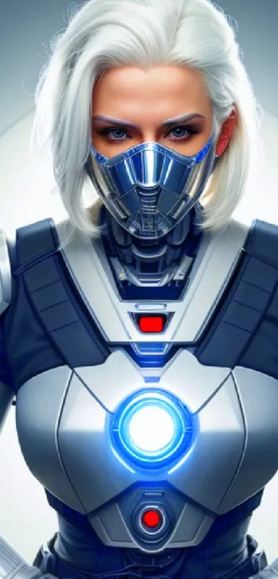 Futuristic cyborg warrior with silver armor and blue highlights.