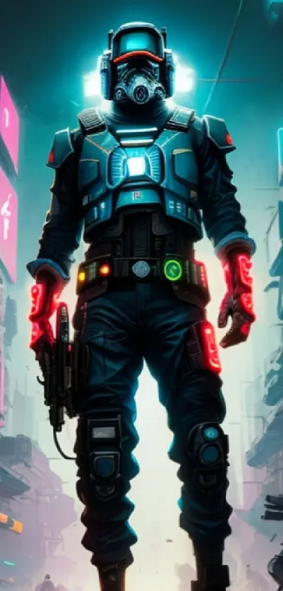 Futuristic cyborg warrior with neon accents in a cityscape.