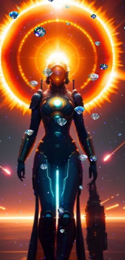 Futuristic cyborg with fiery halo surrounded by glowing elements and gems.