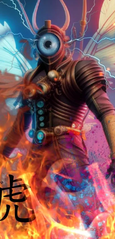 Futuristic cyborg surrounded by vibrant orange flames.