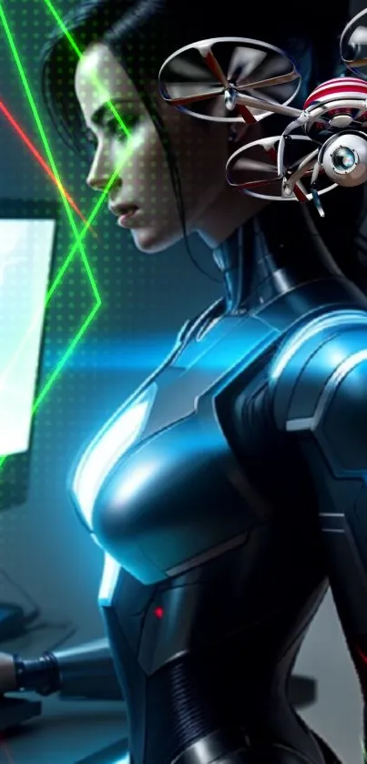 Futuristic cyborg with neon lights and drones in a digital scene.