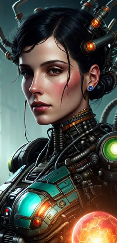 Futuristic cyborg woman with vibrant design and mechanical elements.