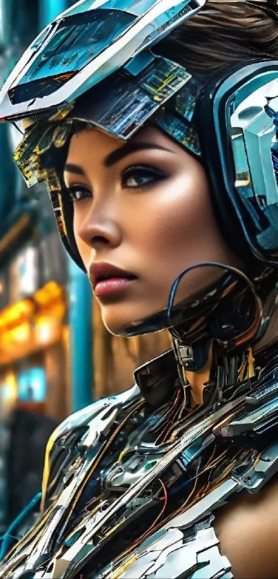 Futuristic cyborg woman in vibrant digital art with urban backdrop.