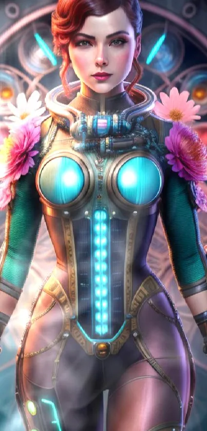 Cyborg woman in futuristic attire with floral accents.