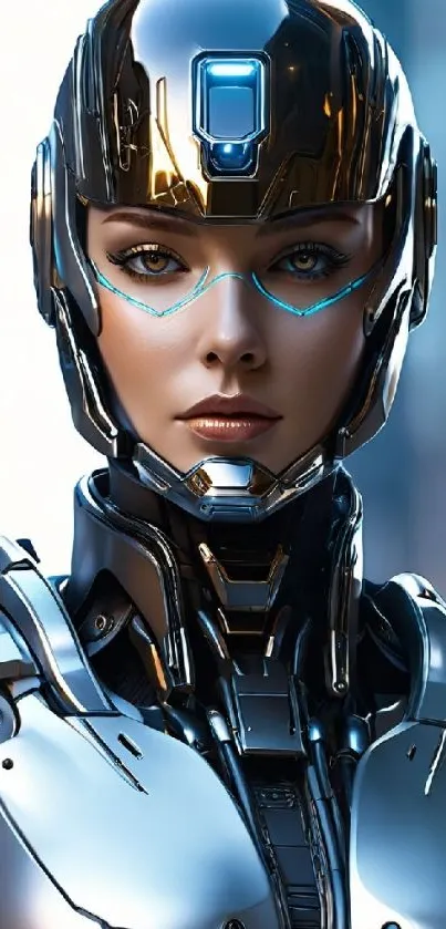 Futuristic female cyborg digital art with metallic features.