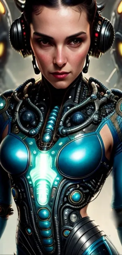 Futuristic cyborg woman with glowing armor and headphones.