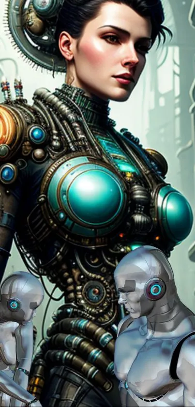 Futuristic cyborg woman with humanoid robots in a digital cityscape.