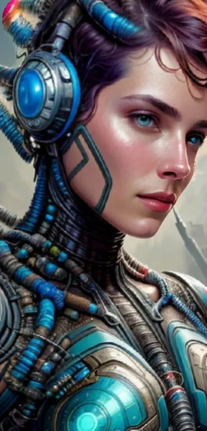 Futuristic cyborg woman with metallic design and vibrant colors.