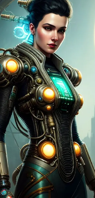 Futuristic cyborg woman with glowing circuits and cosmic background in sci-fi style.