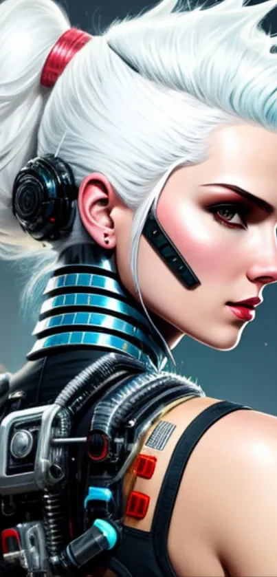 Futuristic cyborg woman with white hair and cybernetic design.