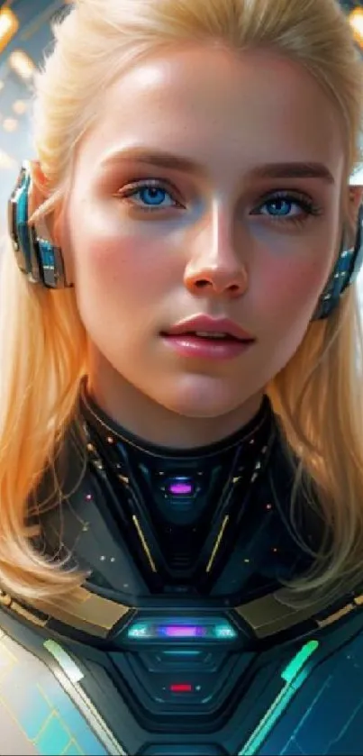 Futuristic cyborg woman with glowing elements.