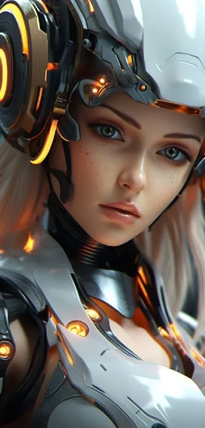 Futuristic cyber warrior in silver armor with technology headset.