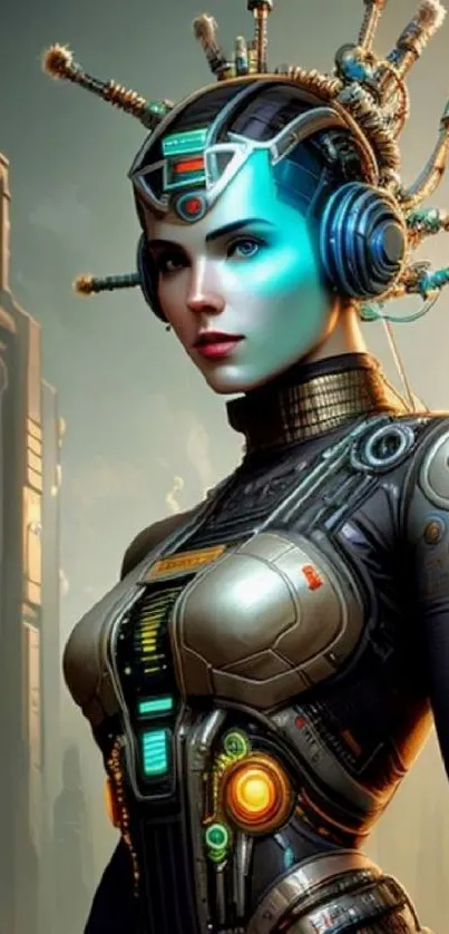 Cyberpunk AI warrior with robotic design in urban cityscape.