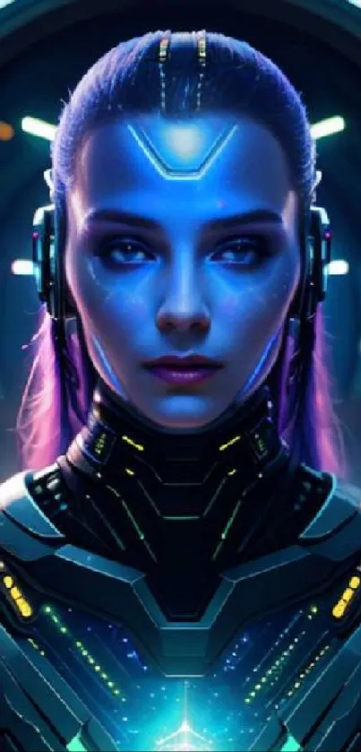 Futuristic cyborg woman with neon lighting.