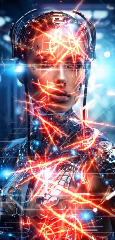 Futuristic cyborg woman glowing in blue light.