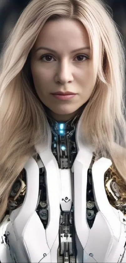 Futuristic cyborg woman with robotic features in a sci-fi themed wallpaper.