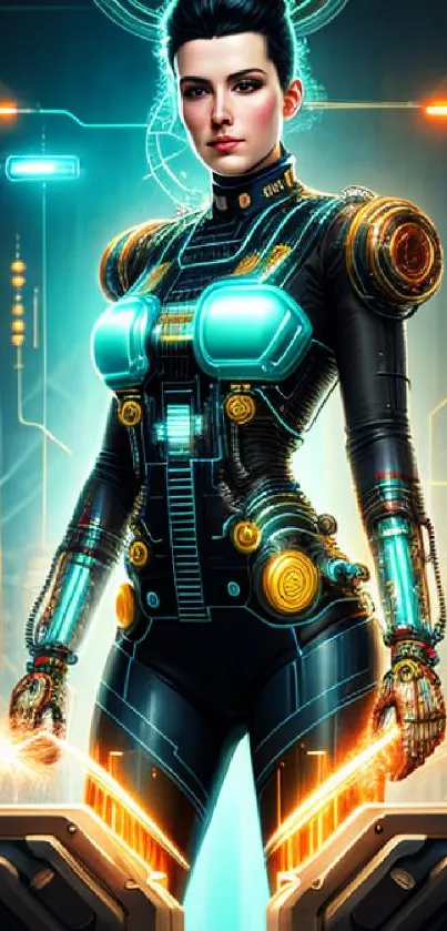 Futuristic cyborg woman with glowing elements in blue and orange hues.