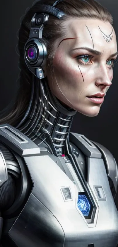 Futuristic cyborg woman with detailed metallic features.
