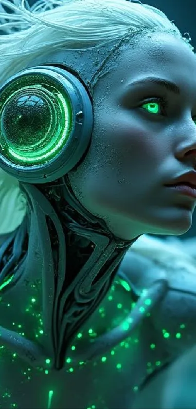 Futuristic female android with glowing accents in cybernetic design.