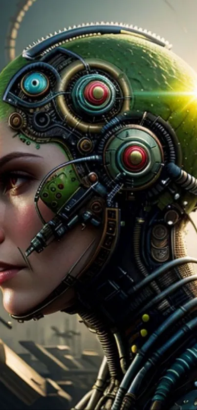 Futuristic cyborg woman with robotic headgear and green accents.