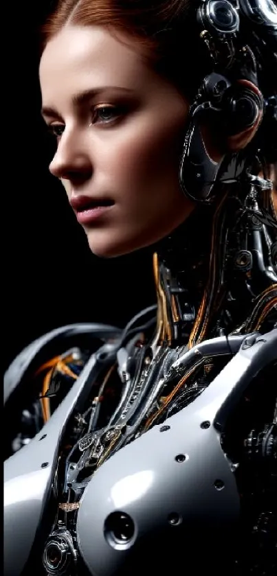 Futuristic cyborg woman against black background.